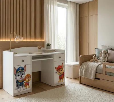 Immagine prodotto di Scrivania per computer Happy Babies con vassoio per tastiera, scrivania per ufficio con vassoio per tastiera, 5 cassetti, 1 ripiano, 125x89x60, motivi, adesivi a scelta, bambini