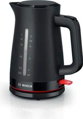 A black Bosch electric kettle with red accents is shown against a white background.