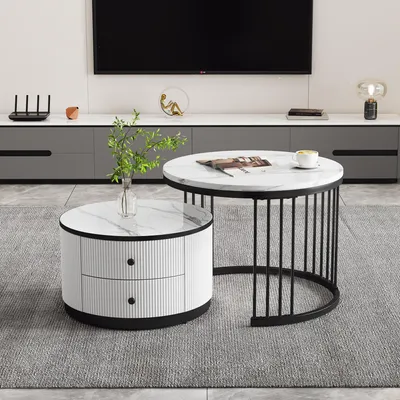 Zdjęcie produktu dla Sweiko Elegancki 2-częściowy, biały stolik kawowy w kształcie gniazda, 60x60x45,5 cm i 50x50x32 cm, okrągłe stoliki o wyglądzie marmuru o wysokim połysku, 2 szuflady, ładowność do 30 kg, stolik kawowy w kształcie gniazda
