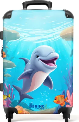 Obrázek produktu pro NoBoringSuitcases.com - Velký kufr modrý - Dětský kufr Dolphin vhodný pro chlapce i dívky - Cestovní kufr na 4 kolečkách - Vozík na kolečkách 72 l - Dětský kufr na kolečkách velký tsa lock - Prostorný kufr 20 kg - Zavazadlový kufr light XLKufr střední 67x43x25 cm, 72L,