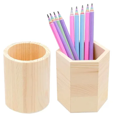 Produktbild von 2 Stück Holz Stiftehalter, runder und sechseckiger Stifteköcher für Schreibtisch, Büro und Kosmetik