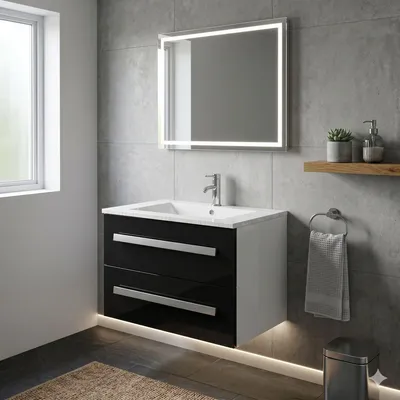 Produktbild von Badset Badmöbel mit Keramikwaschbecken Badezimmerzubehör inkl. Soft Close Optionale Wechselfront Modell: Arosa II in schwarz Jet-Line neu