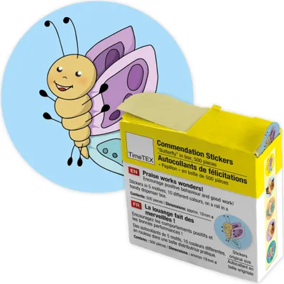 Produktbild von TimeTEX Belobigungs-Aufkleber "Schmetterling" in Spender-Box, 500 Stück