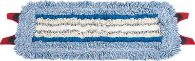 A close-up, top-down view of a mop head with blue, white, and beige stripes, attached to red plastic clips.