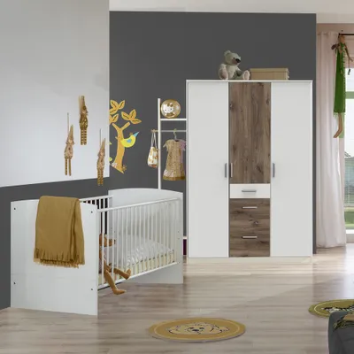 Produktbild von 3-türiger Kleiderschrank mit Gitterbett Babyzimmer JOHANNESBURG-43 in weiß mit Eiche Nb.