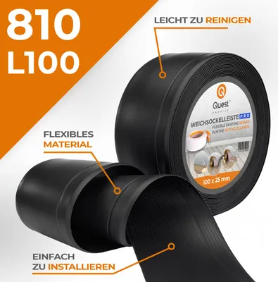 Produktbild von QUEST Weichsockelleiste ohne Klebeband 100x25mm, 1m, PVC Sockelleiste, Breite Knickleiste für Wände, Boden, Flexibel, Dekorativ, UV-beständig, schwarz