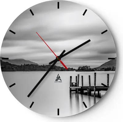 Produktbild von Wanduhr - Rund - Glasuhr - Schwarzweiß Landschaft See - 30x30cm - Schleichendes Uhrwerk - Lautlos - zum Aufhängen bereit - Dekoration Modern - Wanddekoration aus Glas - C3AR30x30-4321