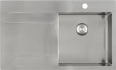 A top-down view of a stainless steel kitchen sink with a drain and a faucet hole.