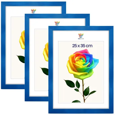 Obrázek produktu pro MG Design, sada 3 kusů rámečků na fotografie, rozměr 25 x 35 cm – fotorámečky s modrým rámem z masivního dřeva a odolným akrylovým sklem, vhodné k zavěšení i k postavení