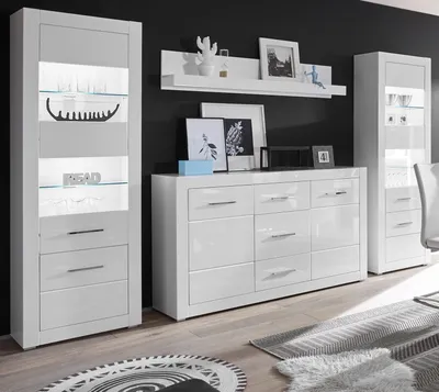 Produktbild von Wohnwand "Carrara" weiß Hochglanz Schrankwand 4-teilig 314 x 198