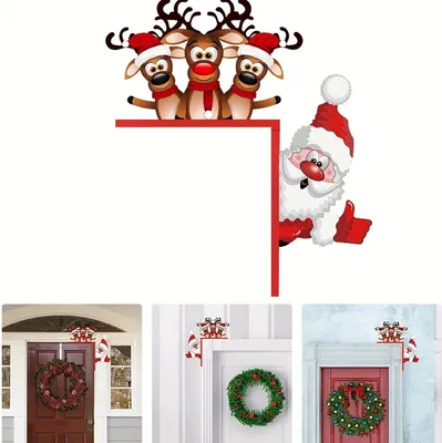 Image de 1 pièce Père Noël et renne, plaque de porte de Noël, sculpture en bois pour salon, chambre, décoration de la maison, droite, bois