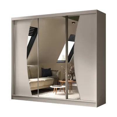 A wardrobe with mirrored sliding doors reflecting a living room interior.