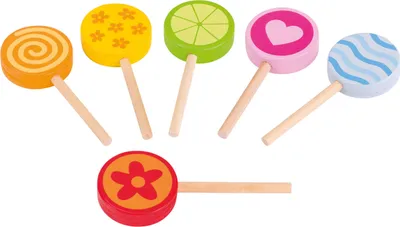 Produktbild von Buntes Holz-Spiel-Lutscher Set für Kinder ab 3 Jahren, 6 Stück, L 8,5 cm, Ø 3,5 cm