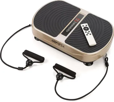 A vibration plate fitness machine with two resistance bands and a remote control, shown on a white background.