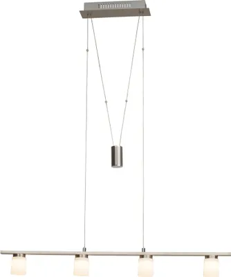 A modern pendant light fixture with four lights, suspended by wires from a rectangular ceiling mount.