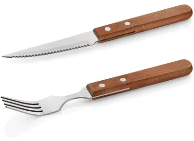 Produktbild von 24x Steak-/ Pizzabesteck Gabel + 24x Messer Holz braun, 48 tlg.
