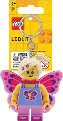 A LEGO LEDLITE keychain of a butterfly girl character, presented in its retail packaging.