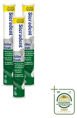 Imagen del producto de 3 paquetes de tabletas limpiadoras Steradent Active Fresh para prótesis dentales, cada uno con 30 unidades, para un total de 90 unidades