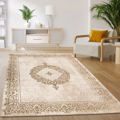 Produktbild von Teppich Wohnzimmer Schlafzimmer Kurzflor Vintage Orientalisch Abstraktes Muster Beige Weiß Grösse 240x340 cm