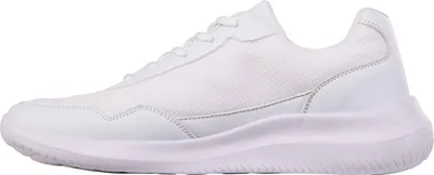 A side view of a white sneaker against a white background.