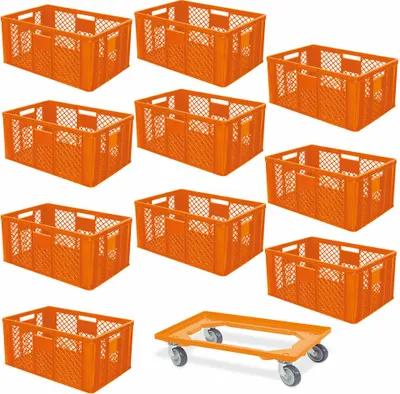 Produktbild von 10 Euroboxen, 600x400x320 mm, lebensmittelecht, orange + Transportroller