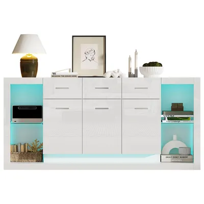 Produktbild von Sideboard mit LED-Lichtleiste und 3 Schubladen Aufbewahrungsschrank Wohnzimmerschrank 160*40*75cm Weiß