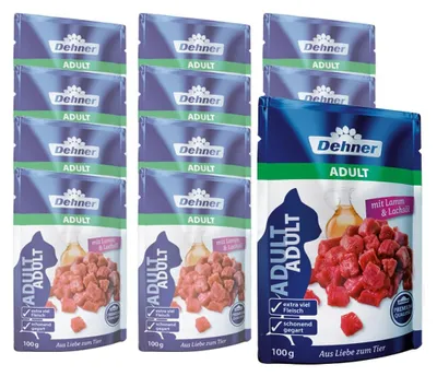Produktbild von Dehner Premium Katzenfutter, Nassfutter, für ausgewachsene Katzen, Lamm / Lachsöl, 12 x 100 g Beutel (1.2 kg)