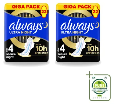 Imagen del producto de 2 paquetes de compresas nocturnas Always Ultra Secure con alas, para mujer, tamaño grande