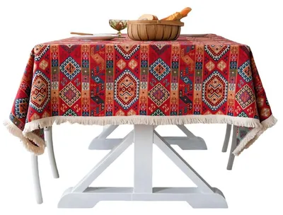 Productafbeelding van Tafelkleed, bohemien stijl, vintage, 100x140 cm, katoen en linnen, met franjes