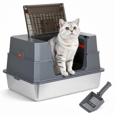 Produktbild von Faziango XXXL Edelstahl Katzenklo mit Deckel grau geschlossene Katzentoilette für große Katzen mit Schaufel