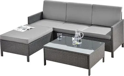 Immagine prodotto di Set di mobili da giardino - Rattan - 3 pezzi - Tavolo e panca a 3 posti - Grigio scuro e grigio chiaro - Stile moderno