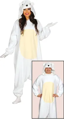 A woman wearing a polar bear costume, with a smaller inset image of a person wearing the same costume.