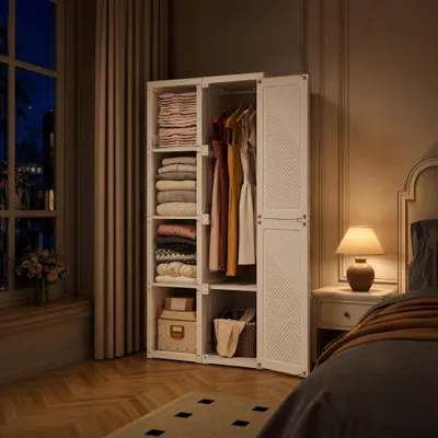 Produktbild von UnboxG Kleiderschrank Set Aufbewahrungsschrank Faltbar Aufbewahrungsbox mit Kleiderstange PP-Kunststoff für Schlafzimmer Ankleidezimmer Kleidung
