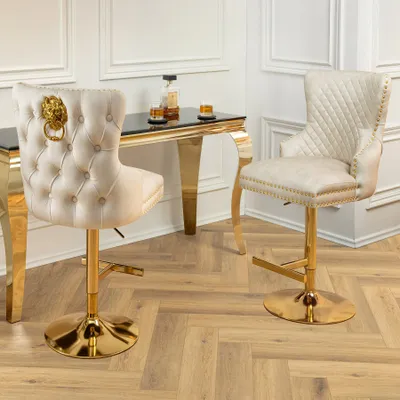 Produktbild von riess-ambiente Höhenverstellbarer Barhocker CASTLE DELUXE beige Samt gold Edelstahl mit Löwenkopf