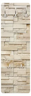 Produktbild von Wandgarderobe mit 5 Haken in 3D Steinoptik, platzsparendes Design - Motiv Landhaus, beige, schmal, Garderobenpaneel 2500
