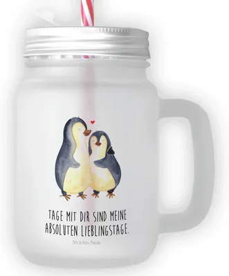 Produktbild von Mr. & Mrs. Panda Glas Pinguin umarmen - Transparent - Geschenk, Hochzeitstag, Liebe, Eiskaffee, Mason Jar, Cocktailglas, Trinkglas, Trinkgefäß, Hochzeitsgeschenk