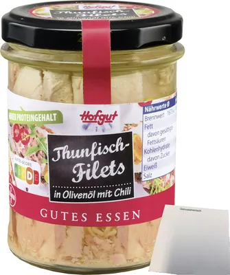 Produktbild von Hofgut Thunfisch Filets in Olivenöl mit Chili (190g Glas) + usy Block