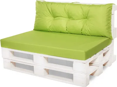A white pallet sofa with lime green cushions, shown from a front-diagonal angle against a white background.