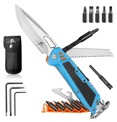 Immagine prodotto di Multitool pieghevole 13 in 1, acciaio inossidabile, colore blu, con punte magnetiche e custodia