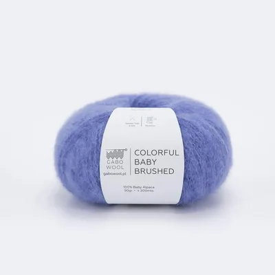 A ball of fluffy blue-violet yarn on a white background.