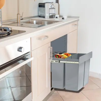 Produktbild von YZNAHRE Einbaumülleimer Küche 2 Fächer Ausziehbar Mülleimer Abfalleimer Küche Unterschrank mit Teleskopschienen Küchenmülleimer Einbau Mülltrennsystem Grau, 2x20L