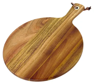 Imagen del producto de Tabla para pizza Relaxdays, para pizzas de 28 cm de diámetro, hecha de madera de acacia, con asa, orificio metálico para colgar, ideal también como tabla para quesos, color natural, Imagen generada por IA