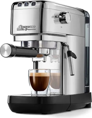 Zdjęcie produktu dla Ekspres do kawy z filtrem portafilter Tchibo "Lapressa" (15 barów, zbiornik na wodę 980 ml), technologia preinfuzji, z funkcją 2 filiżanek i spieniaczem do mleka, z dwoma dwuściennymi sitkami (srebrny)