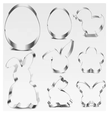 Produktbild von Ausstechformen Ostern, 8 Stück Set aus Edelstahl für Plätzchen, Motive: Hase, Küken, Ei, Häschenkopf, Blume, Schmetterling