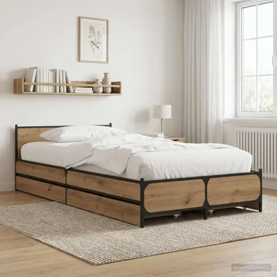 Image de Lit exclusif avec tête de lit en bois massif, fabrication artisanale, chêne, dimensions 80 x 200 cm
