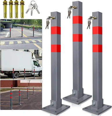 Productafbeelding van Parkeerpalen Set - Parkeerblokkades Inklapbaar - Eigen Parkeerplek Beveiligen - Inclusief 9 Sleutels - 3 Stuks - Grijs