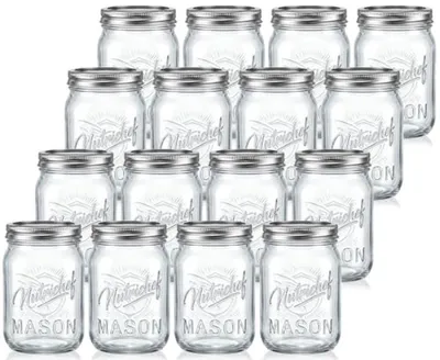 Productafbeelding van PromoHome® Masonpotten met deksel, 16-delig - 16 oz inmaakpotten met luchtdichte deksels - Ideaal voor maaltijdvoorbereiding, jam, honing, kaarsen