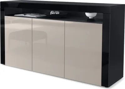 Produktbild von Vladon Sideboard Valencia, Germany, Kommode mit 3 Türen und 1 offenem Fach, Schwarz matt/Sandgrau Hochglanz/Schwarz Hochglanz (155 x 92 x 40 cm)