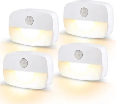 Image de Lampe de nuit à LED avec détecteur de mouvement - Lot de 4 - Auto-adhésive - Fonctionne sur piles - Détecteur de mouvement - Pour intérieur - Idéale pour les salles de bain, les couloirs, les placards, les cuisines et les chambres d'enfants - Lumière blanc chaud