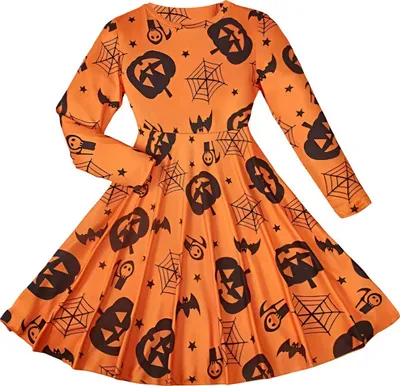A Halloween-themed dress with pumpkins, spiderwebs, and bats printed on an orange background.